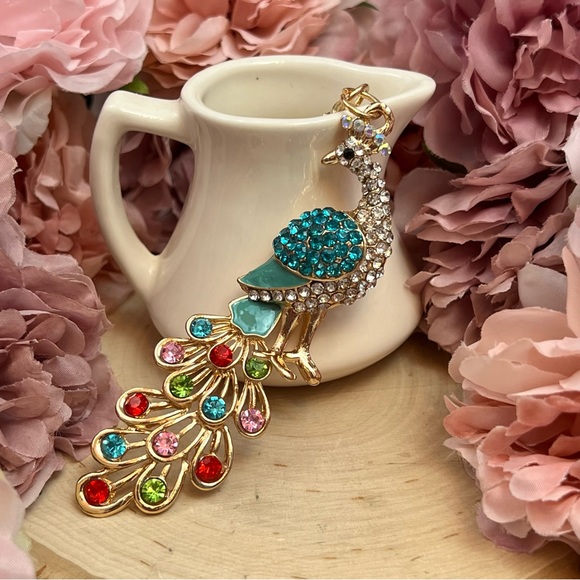 Beautiful Blue and Colorful Crystal Peacock Keychain Charm - Picture 2 of 16